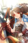  backlighting blurry brown_hair coat depth_of_field dress drill_hair flat_chest hair_ornament huge_sword huge_weapon long_hair lowres perspective red_eyes ribbon ruffles skirt smile solo sword sword_girls weapon 