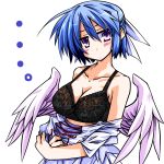  bare_shoulders black_bra blue_hair blush bra breasts bust cleavage clothes_down clothing_down collarbone hair_ribbon hemogurobin_a1c lingerie looking_at_viewer mai_(touhou) off_shoulder pink_eyes ribbon short_hair touhou touhou_(pc-98) underwear wings witch 