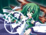  detached_sleeves frog fuji_tooya gohei green_eyes green_hair hair_tubes kochiya_sanae long_hair open_mouth pentagram snake solo torii touhou 