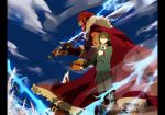  armor beard bob_cut book cape electricity facial_hair fate/stay_night fate/zero fate_(series) green_eyes green_hair hand_holding highres holding_hands male morinaga777 multiple_boys pillarboxed red_hair redhead rider_(fate/zero) sword waver_velvet weapon 