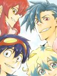  2boys 2girls black_eyes blue_hair everyone goggles goggles_on_head group kamina multicolored_hair multiple_boys multiple_girls nia_teppelin red_eyes red_hair redhead ru&amp;padua_(artist) ru&amp;pauda_(artist) scarf simon smile tegaki tengen_toppa_gurren-lagann tengen_toppa_gurren_lagann two-tone_hair yellow_eyes yoko_littner yoko_ritona 