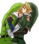  2boys blue_eyes dual_persona earrings hat hug jewelry link multiple_boys nintendo ocarina_of_time pointy_ears suzuno_(kazahanasu) tears the_legend_of_zelda twilight_princess 