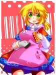  alternate_hairstyle apron barcode_scanner blonde_hair can cashier dress gin_(shioyude) green_eyes highres mizuhashi_parsee name_tag open_mouth pen pointy_ears ponytail solo touhou 