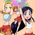  3girls :d armpits arms_up black_eyes black_hair blonde_hair braid brown_eyes brown_hair cheerleader flat_chest futari_wa_precure futari_wa_precure_max_heart hair_ornament hairclip happy kujou_hikari long_hair masaki_kazusa midriff misumi_nagisa multiple_girls navel open_mouth pom_poms precure shiny shiny_skin short_hair skirt smile yellow_eyes yukishiro_honoka 