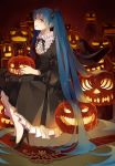  aqua_eyes aqua_hair dress hair_ribbon halloween hat hatsune_miku high_heels kebei long_hair pumpkin ribbon shoes sitting solo twintails very_long_hair vocaloid witch_hat 