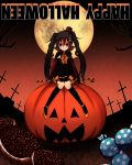  amano_(els573) black_hair candy cape copyright_request doughnut happy_halloween hat highres jack-o&#039;-lantern jack-o'-lantern mini_top_hat moon note-chan pumpkin red_eyes solo top_hat twintails upside-down 