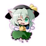  animal_ears blush_stickers cat_ears cat_tail chibi eyeball green_eyes green_hair hat heart heart_of_string kemonomimi_mode keyman komeiji_koishi long_sleeves open_mouth short_hair simple_background skirt smile solo tail third_eye touhou wink 