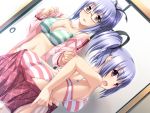  ass bare_shoulders bent_over blue_hair bra breasts cleavage collarbone dutch_angle from_behind game_cg glasses hair_ribbon kudo_hinano kudo_hirano kudo_nono kudou_hirano kudou_nono lingerie long_hair looking_at_viewer looking_back mirai_nostalgia multiple_girls navel open_clothes open_mouth open_shirt panties ponytail purple_eyes purple_hair purple_software red_eyes ribbon shirt short_hair siki skirt sliding_doors striped striped_bra striped_panties twintails underwear undressing violet_eyes 