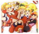  artist_request blonde_hair blue_eyes capcom child closed_eyes dress eyes_closed flat_chest gloves green_eyes hair_ribbon helmet long_hair multiple_girls official_art open_mouth pantyhose ponytail ribbon rockman rockman_(classic) rockman_dash rockman_exe roll roll_caskett roll_exe smile 