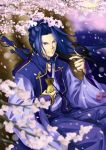  assassin_(f/sn) assassin_(fate/stay_night) bird blue_eyes blue_hair cherry_blossoms fate/stay_night fate_(series) japanese_clothes kenen_tanabata long_hair male monohoshizao ponytail solo swallow sword weapon 