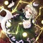  1girl breasts danmaku dress ghost ghost_tail green_dress green_eyes green_hair grin hands hat lightning_bolt long_sleeves multiple_tails nunucco short_hair sleeves_past_wrists smile soga_no_tojiko solo symbol-shaped_pupils tail tate_eboshi teeth touhou 