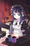  bangs blue_eyes blue_hair blunt_bangs bow breasts chair frills long_hair lowres maid maid_headdress ribbon sewing sewing_machine sitting solo sword_girls tailor 