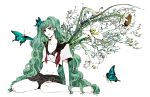  barefoot butterfly flower green_hair hatsune_miku ikebana long_hair midriff mound_of_venus navel necktie open_clothes open_shirt shirt sitting twintails very_long_hair vocaloid 