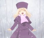  ^_^ closed_eyes eyes_closed fate/stay_night fate_(series) hat illyasviel_von_einzbern izru long_hair scarf silver_hair snowing solo white_hair winter_clothes 