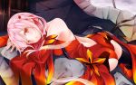  ass bare_shoulders black_legwear blush butt_crack detached_sleeves guilty_crown hair_ornament hairclip hinasaki long_hair looking_at_viewer lying on_stomach open_mouth pink_hair red_eyes solo thigh-highs thighhighs wallpaper yuzuriha_inori 