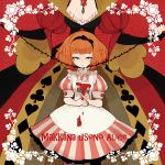  alice_(wonderland) alice_in_wonderland bad_id blue_eyes bow breasts bridal_gauntlets cleavage clubs diamond diamonds dress hair_bow head_out_of_frame heart l_hakase multiple_girls orange_hair paint paintbrush playing_card_theme puffy_sleeves queen_of_hearts romaji short_hair short_sleeves spade thorns translated vines 