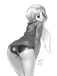 1girl ass bloomers buruma highres jersey long_hair monochrome original saejin_oh shiny shiny_clothes simple_background sketch solo 