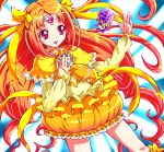  1girl blue_background bow brooch bubble_skirt choker circlet cure_muse cure_muse_(yellow) dress fairy_tone frills gathers hair_ribbon heart jewelry long_hair magical_girl orange_hair owarine_miku precure purple_eyes ribbon ruffles shirabe_ako smile suite_precure violet_eyes yellow_dress 