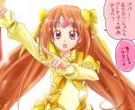  :o bow circlet cure_muse cure_muse_(yellow) hair_ribbon heart loki long_hair magical_girl open_mouth orange_hair pointing precure red_eyes ribbon shirabe_ako solo suite_precure translated translation_request 