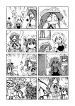  4koma :3 arm_up bad_id braid breasts chibi clone comic crescent dirty_face flat_gaze hand_holding hat holding_hands hong_meiling izayoi_sakuya large_breasts magic maid_headdress monochrome multiple_persona o_o open_door open_mouth patchouli_knowledge searching silent_comic spit_take spitting tears touhou trembling twin_braids ushi victory_pose wavy_mouth 