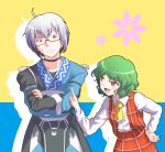  ascot choker crossed_arms glasses green_hair hand_on_hip highres hips index_finger index_finger_raised kazami_yuuka long_sleeves m-shiganai morichika_rinnosuke open_mouth plaid plaid_skirt plaid_vest pointing raised_finger red_eyes short_hair silver_hair skirt skirt_set smile sweat touhou vest yellow_eyes youkai 