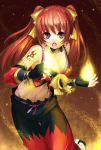  :o bow bra breasts choker cleavage earrings fingerless_gloves fireball gloves jewelry lingerie lowres markings navel open_mouth pants pink_eyes red_hair redhead ribbon solo sword_girls twintails underwear 