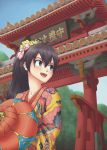  antenna_hair black_hair blue_eyes flower from_below ganaha_hibiki hair_flower hair_ornament idolmaster japanese_clothes kimono long_hair looking_back okinawa ponytail puton ryuusou shureimon solo torii 