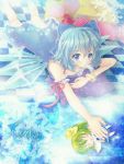 :&gt; arm_garter blue_eyes blue_hair bow bracelet character_doll character_name checkered checkered_floor cirno daffobird daiyousei dress fairy_wings hair_bow highres jewelry mouth_hold pillow popsicle snowflakes solo touhou wings 