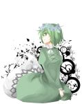  dress floral_print flower flower_on_head ghost ghost_tail green_dress green_eyes green_hair hachi-kun hands_on_lap head_wreath long_sleeves looking_away multiple_tails no_hat no_headwear open_mouth seiza short_hair sitting soga_no_tojiko solo tail touhou white_background 
