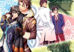  alternate_costume alvin_(tales_of_xillia) arm_behind_back bad_id bespectacled black_gloves black_hair brown_eyes brown_hair chin_grab coat cravat dual_persona glasses gloves hand_holding hand_in_pocket holding_hands jude_mathis labcoat looking_back male mayupon@genkouchuu multiple_boys necktie ouno_mayumi pants plaid school_uniform smile tales_of_(series) tales_of_xillia title_drop 