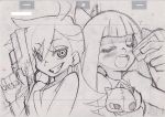  closed_eyes eyes_closed graphite_(medium) grin highres kiyukiyutan monochrome multiple_girls official_art official_style panty_&amp;_stocking_with_garterbelt panty_(character) panty_(psg) production_art sketch smile stocking_(character) stocking_(psg) traditional_media 