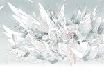  arakawa_(aintnoroom) barefoot bow_(instrument) butterfly_wings crystal dress feathers flower frilled_dress frills gathers hair_over_one_eye insect_wings instrument legs long_hair monochrome original petals purple_hair red_eyes ripples skirt skirt_lift solo spot_color violin white_dress wings 