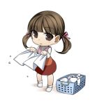  brown_eyes brown_hair chibi doujima_nanako french_maid hair_bow hair_ribbon laundry laundry_basket lowres persona persona_4 ribbon short_hair short_twintails simple_background smile solo twintails 
