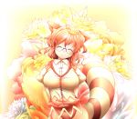  ^_^ animal_ears arms_behind_back breasts brown_hair closed_eyes dress_shirt eyes_closed flower futatsuiwa_mamizou glasses leaf leaf_on_head pince-nez raccoon_ears raccoon_tail shirt short_hair smile solo tail taut_shirt touhou yanmarson 