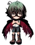  :&lt; androgynous antennae bad_id boots cape chibi cream_(nipakupa) crossed_arms green_hair grey_eyes lowres mask shirt short_hair shorts solo spawn tomboy torn_cape touhou transparent_background wriggle_nightbug 