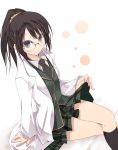  black_eyes black_hair black_legwear boku_wa_tomodachi_ga_sukunai crossed_legs fan_art glasses kneehighs labcoat legs_crossed looking_at_viewer plaid plaid_skirt ponytail satomi school_uniform shiguma_rika sitting skirt smile solo 