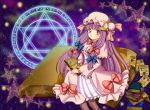  blush book boots bow crescent dress hair_bow hat hexagram long_hair magic_circle mikiky notes patchouli_knowledge pentagram purple_eyes purple_hair sitting smile solo star touhou violet_eyes 