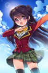  amy_(sword_girls) angry black_hair bow cherrypin council_treasurer_amy glasses lens_flare long_hair long_sleeves looking_down lowres open_mouth outstretched_arm plaid plaid_skirt pleated_skirt pose purple_eyes school_uniform skirt solo sword_girls thigh-highs thighhighs violet_eyes 
