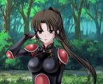  breasts brown_eyes brown_hair forest highres inuyasha long_hair nature ponytail sango solo tamamon tree 
