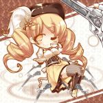  beret blonde_hair boots breasts chibi corset cup detached_sleeves drill_hair fingerless_gloves gloves gun hair_ornament hat magical_girl magical_musket mahou_shoujo_madoka_magica pleated_skirt psan skirt smile solo taut_shirt teacup thigh-highs thighhighs tomoe_mami weapon wink yellow_eyes 