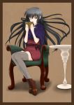  ankle_boots armchair black_hair book boots brown_eyes capelet floating_hair grey_legwear highres long_hair lost_july original sash sitting solo table thigh-highs thighhighs wink 