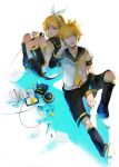  back-to-back bad_id belt blonde_hair book brother_and_sister hair_ornament hair_ribbon hairclip hand_on_headphones headphones headset highres kagamine_len microphone necktie nineo open_mouth ribbon short_hair shorts siblings sitting smile twins vocaloid wink yellow_eyes 