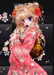  blush brown_hair flower hair_ornament japanese_clothes kimono mashiroiro_symphony nail_polish obi pan-nya sena_airi smile solo tachibana_tou 