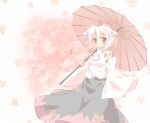  animal_ears bare_shoulders detached_sleeves floral_background flower hat inubashiri_momiji leaf looking_at_viewer maple_leaf red_eyes shino_megumi short_hair skirt smile solo tokin_hat touhou umbrella white_hair wolf_ears 