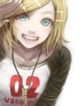  aqua_eyes blonde_hair casual clothes_writing clothing_writing hair_ornament hairclip jewelry kagamine_rin necklace open_mouth raglan_sleeves short_hair sk_hand smile solo vocaloid 