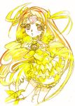  boots bow brooch bubble_skirt capelet choker color_trace colored_pencil_(medium) cure_muse cure_muse_(yellow) dress earrings frilled_dress frilled_skirt frilled_sleeves frills hair_bow hair_ornament heart jewelry knee_boots long_hair looking_at_viewer magical_girl nishida_asako pose precure ribbon shirabe_ako simple_background solo suite_precure traditional_media very_long_hair white_background yellow yellow_dress yellow_ribbon 