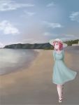  1girl beach dress footprints hat highres looking_afar love_live!_school_idol_project maagon nishikino_maki redhead short_hair sky violet_eyes 