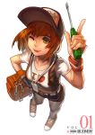  baseball_cap black_legwear cover crop_top face from_above girl_dormitory green_eyes hat heart jewelry krenz midriff necklace orange_hair pantyhose pointing pointing_up screwdriver short_sleeves shorts simple_background solo star vest wink wristband 