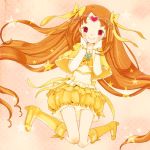  boots bow brooch brown_hair bubble_skirt capelet circlet cure_muse cure_muse_(yellow) dress earrings hair_bow hands_on_own_face hands_to_face heart jewelry jumping long_hair magical_girl mizutamako orange_background precure red_eyes shirabe_ako smile solo star suite_precure yellow_dress 