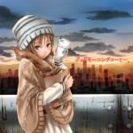  beanie blush brown_eyes brown_hair cityscape cloud cold cup engrish eyelashes fur_trim hat highres long_hair long_sleeves looking_at_viewer original product_placement ranguage ren_(nyanyo) rust sandwich sky solo starbucks sunset sweater translated translation_request 